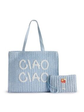 NWT Light Blue 'Ciao Ciao' Straw Tote with Wristlet Beach